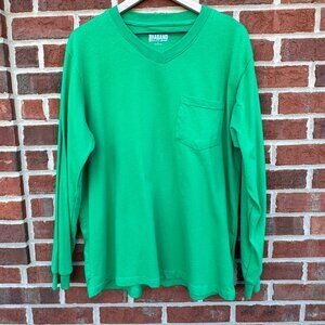 Haband Pocket Tee Shirt Mens Large Green Vneck Long Sleeve